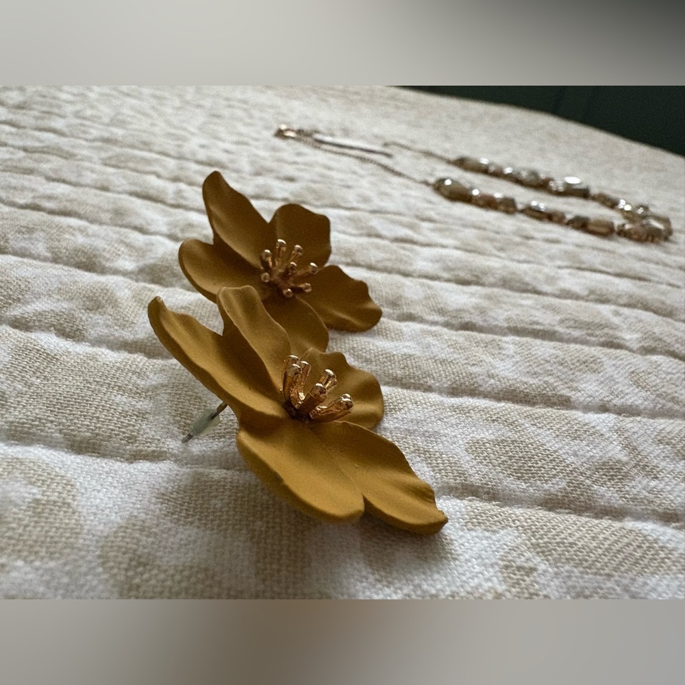 Vintage Sculptural Floral Statement Earrings | Ochre Yellow | 1.5” - Picture 3 of 11